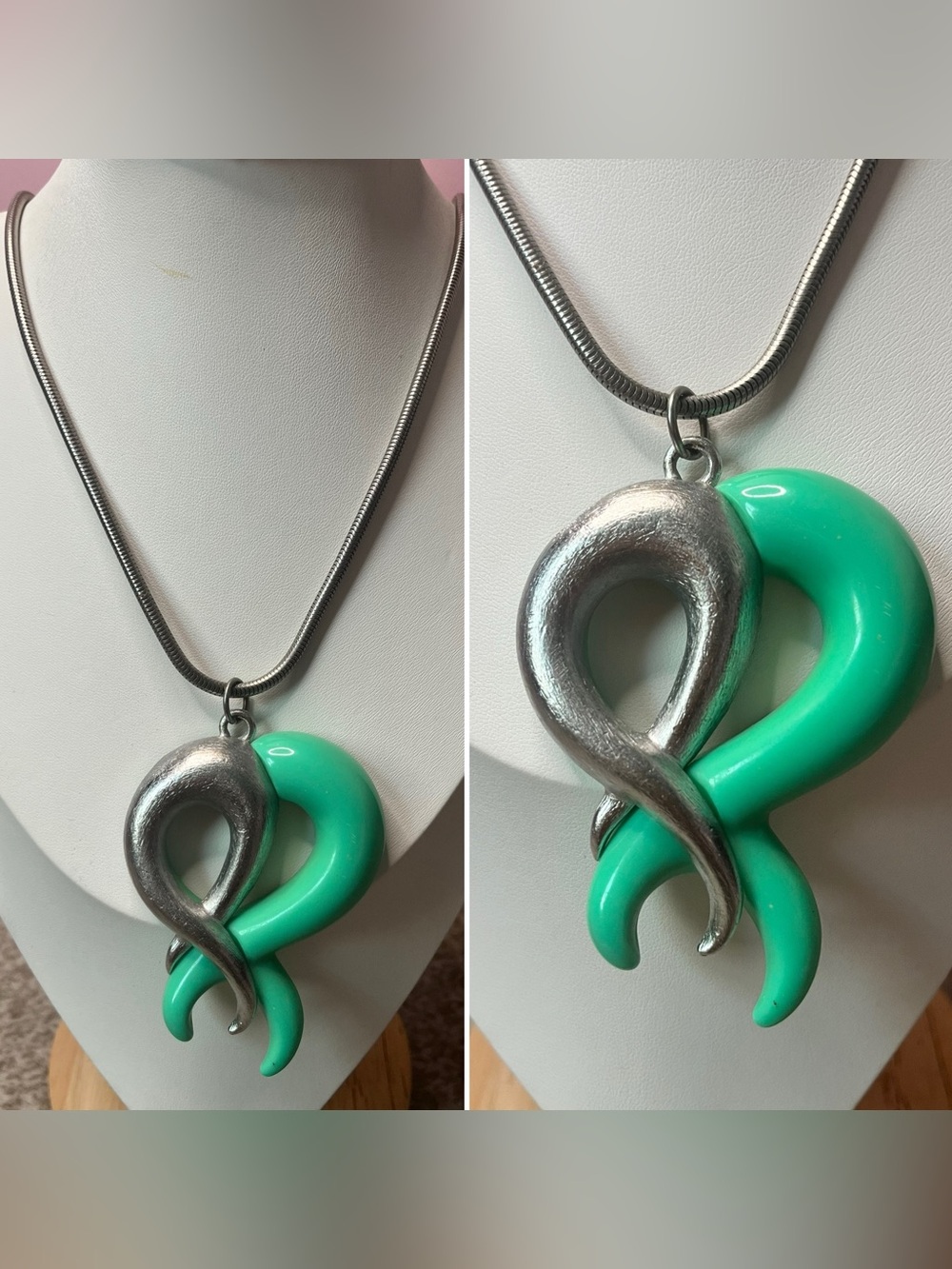Source Unknown Silver & Mint Green Abstract Loop Pendant Necklace